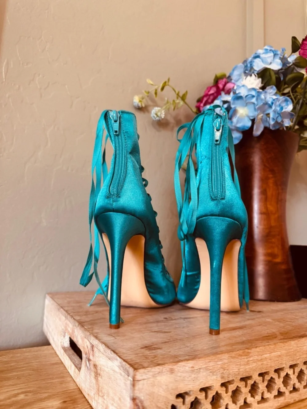 Teal Satin Lace-Up Heeled Booties Open Toe Size 9 Statement
